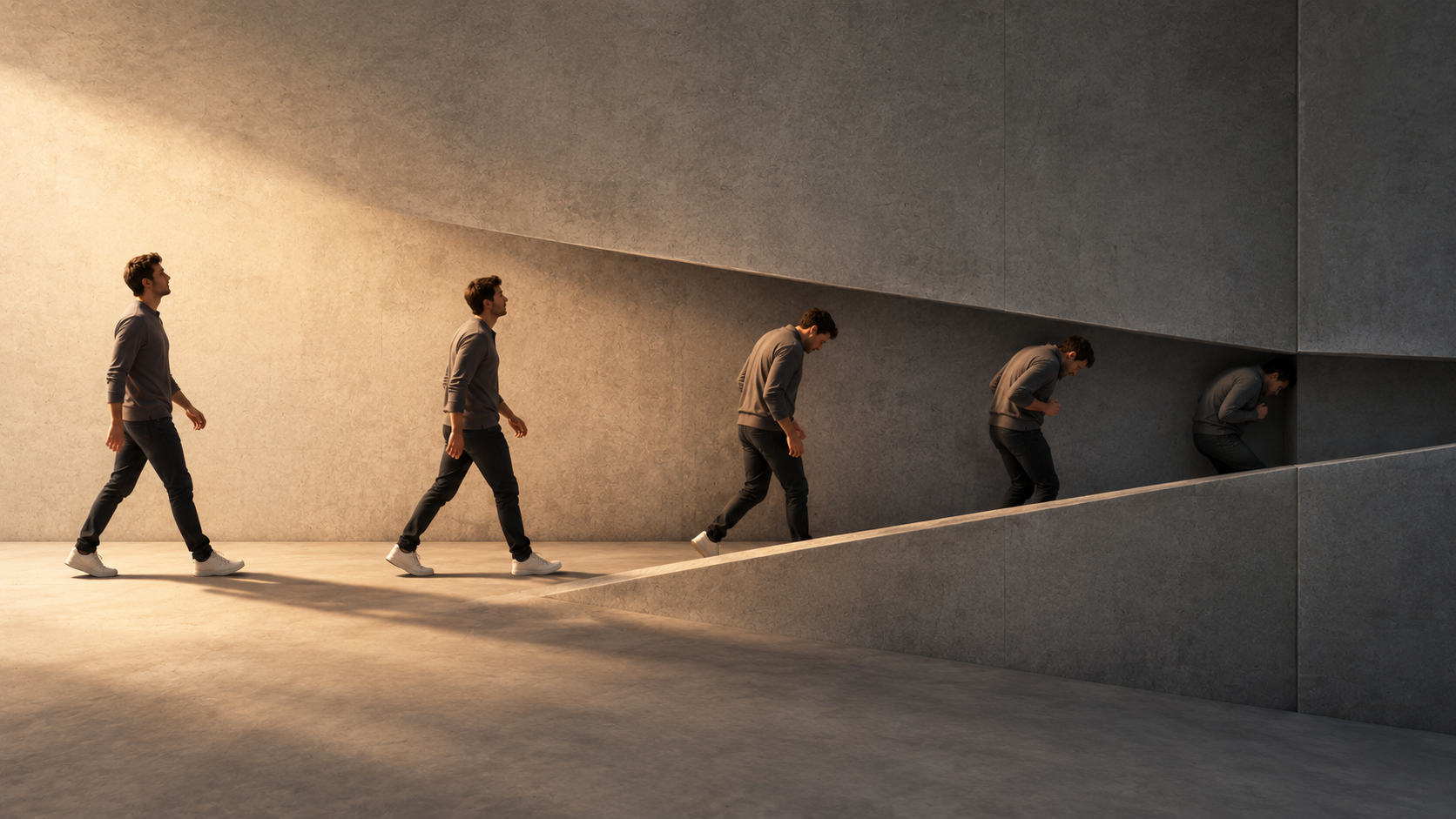 A man gradually becoming smaller as he walks into a narrowing passage